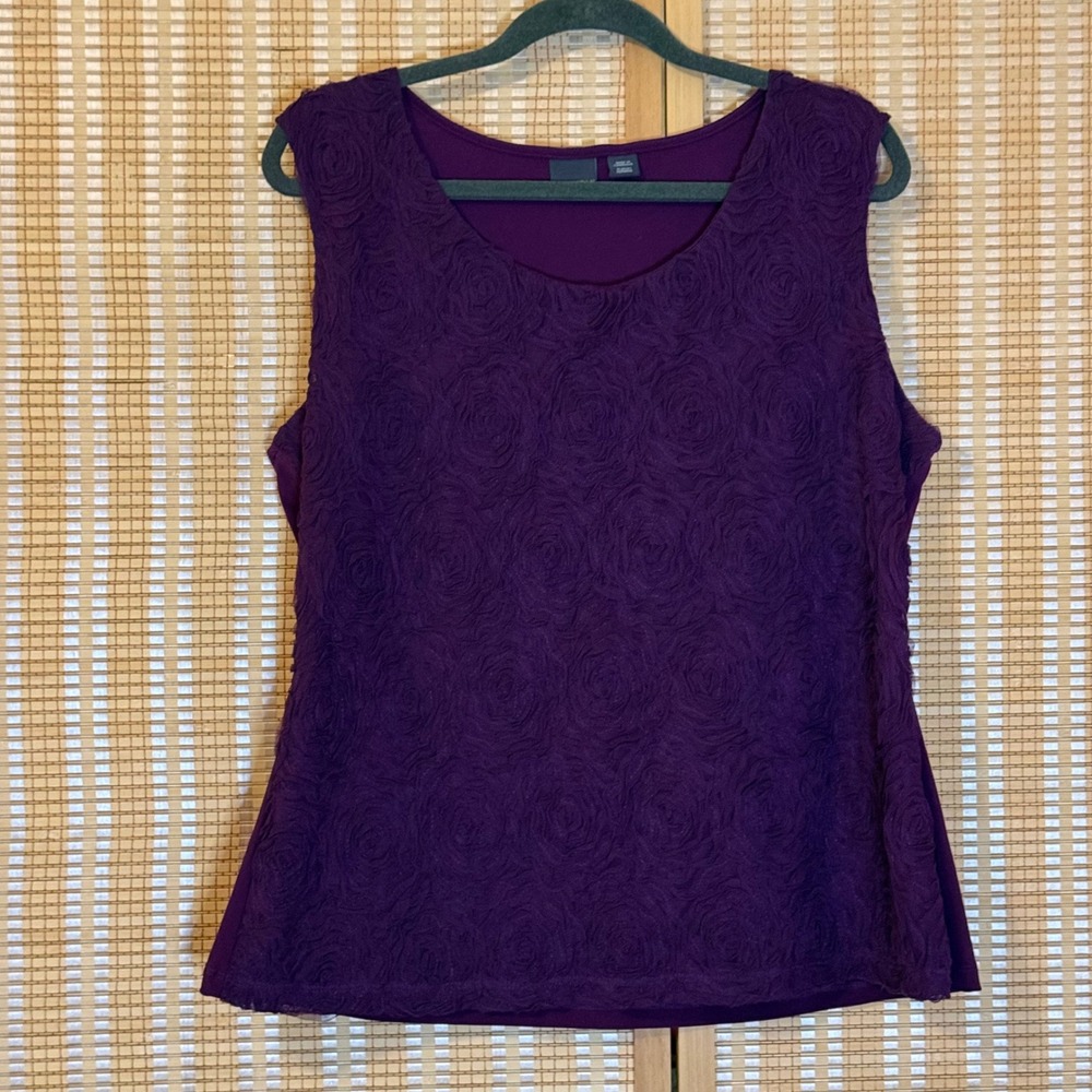 Covington Womens XL Purple Rosette Mesh Overlay Sleeveless Scoop Neck Top Shell